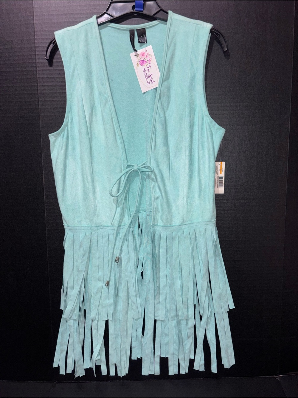 New Directions Mint Fringe Tie-Front Sleeveless Vest